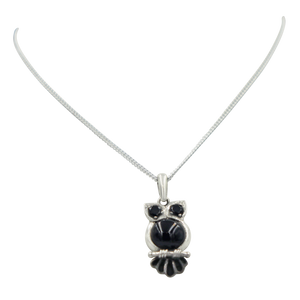 Beautiful and intricate handcrafted Owl Pendant with cabochon gemstones presented on sterling silver