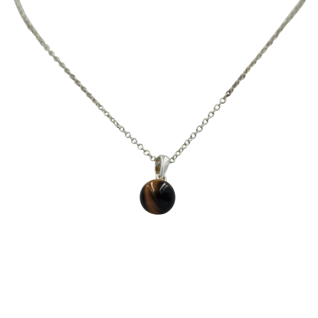 Simple Tigers Eye bead pendant presented on a sterling Silver Link Chain