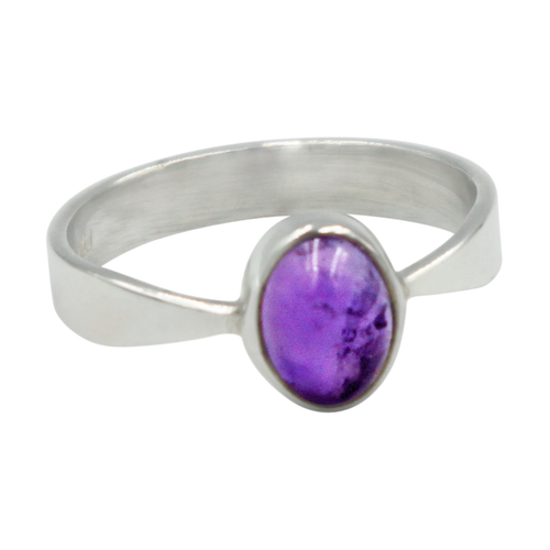 A very delicate ring in sterling silver with two slight curves  in the shank and a small oval Amethyst cabochon stone