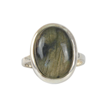 Load image into Gallery viewer, Handcrafted  Sterling Silver ring with a big oval shape Labradorite stone. 
