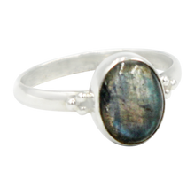 Load image into Gallery viewer, A simple and slightly ethnic ring with a large oval Dark Labradorite which can be used for everyday wearing
