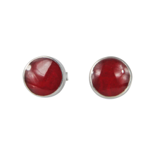 Load image into Gallery viewer, Elegant bezel set shell and coral circle studs in sterling silver
