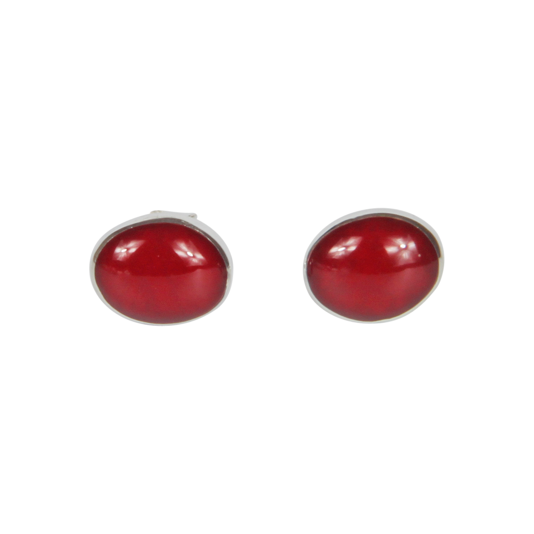 Classic bezel set shell and coral oval studs in sterling silver