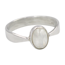 Load image into Gallery viewer, A very delicate ring in sterling silver with two slight curves  in the shank and a small oval Rainbow Moonstone 
