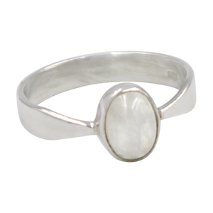 A very delicate ring in sterling silver with two slight curves  in the shank and a small oval Rainbow Moonstone 