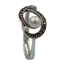 Load image into Gallery viewer, Sterling Silver Pearl &amp; Marcasite split shank ring

