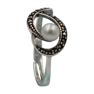 Sterling Silver Pearl & Marcasite split shank ring