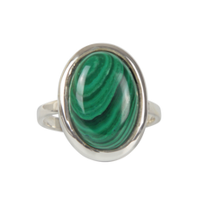 Load image into Gallery viewer, Handcrafted  Sterling Silver ring with a big oval shape malachite stone. 
