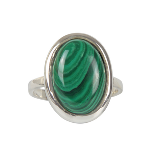 Handcrafted  Sterling Silver ring with a big oval shape malachite stone. 