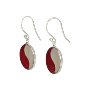 Striking Mother of Pearl and Coral combined circle earrings with sterling silver