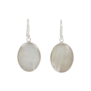 Elegant shell and coral oval dangle earrings, set into sterling silver